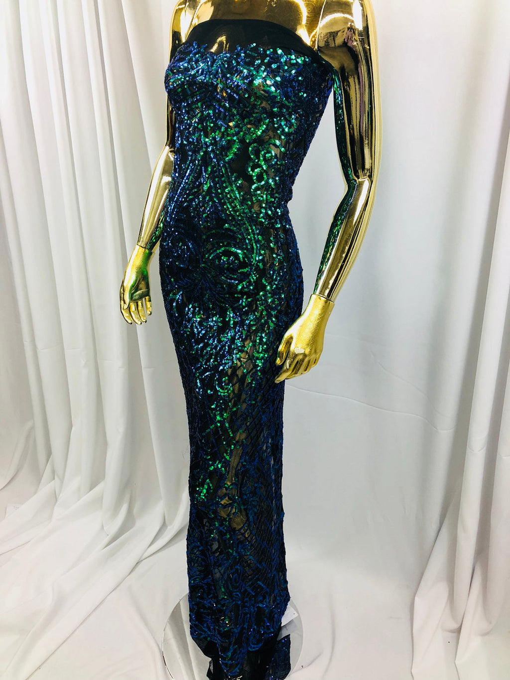 4 Way Stretch - Blue / Green - Iridescent Sequins Damask Net Pattern Fabric  - Sold By The Yard