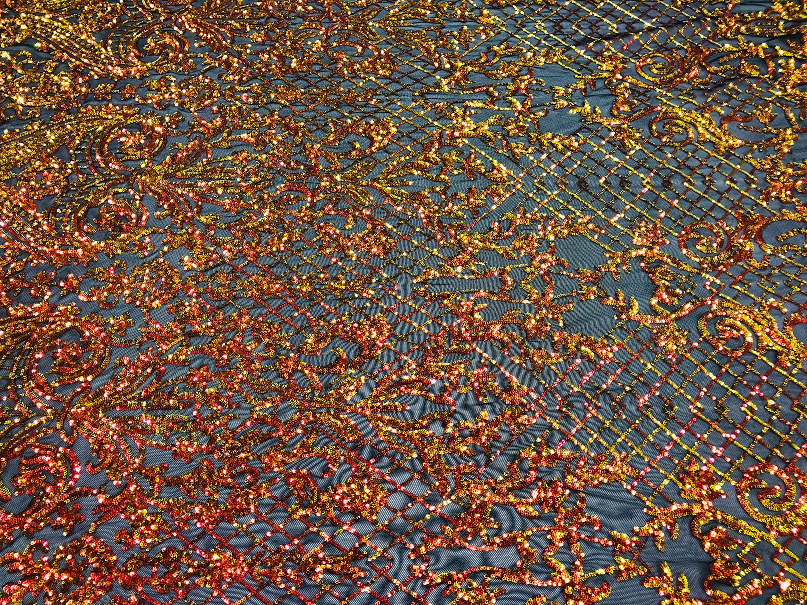 4 Way Stretch - Orange Black Mesh - Iridescent Sequins Damask Net Pattern Fabric  - Sold By The Yard