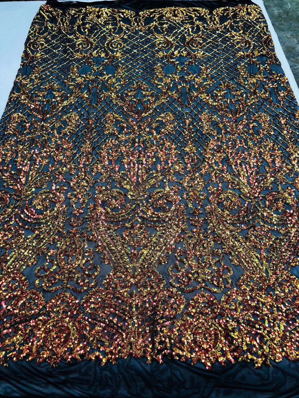 4 Way Stretch - Orange Black Mesh - Iridescent Sequins Damask Net Pattern Fabric  - Sold By The Yard