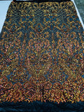 4 Way Stretch - Orange Black Mesh - Iridescent Sequins Damask Net Pattern Fabric  - Sold By The Yard