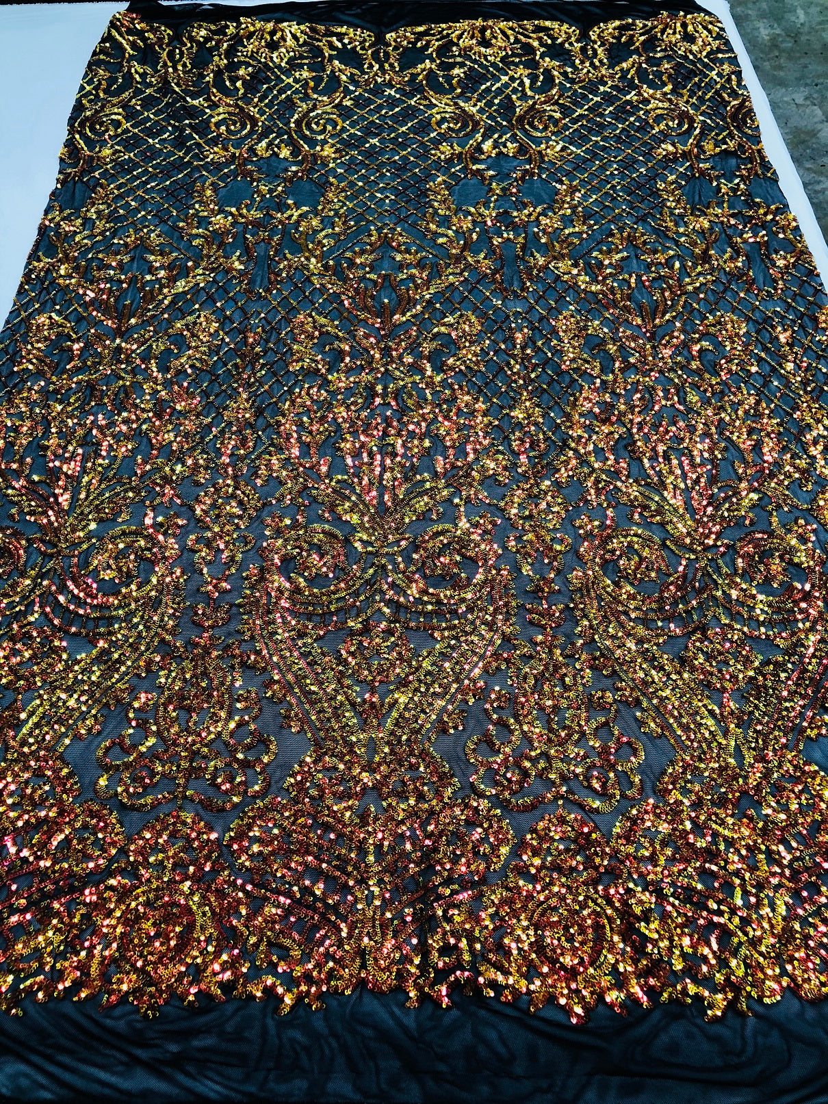 4 Way Stretch - Orange Black Mesh - Iridescent Sequins Damask Net Pattern Fabric  - Sold By The Yard