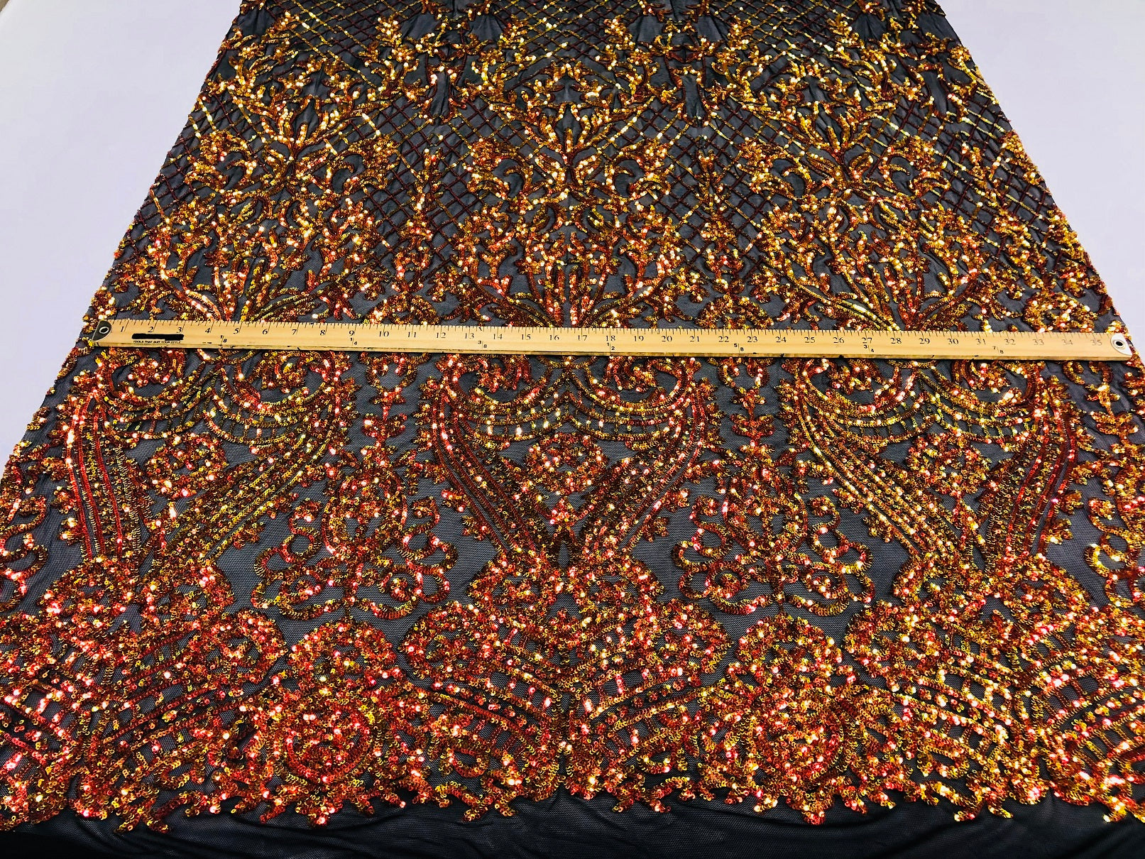 4 Way Stretch - Orange Black Mesh - Iridescent Sequins Damask Net Pattern Fabric  - Sold By The Yard