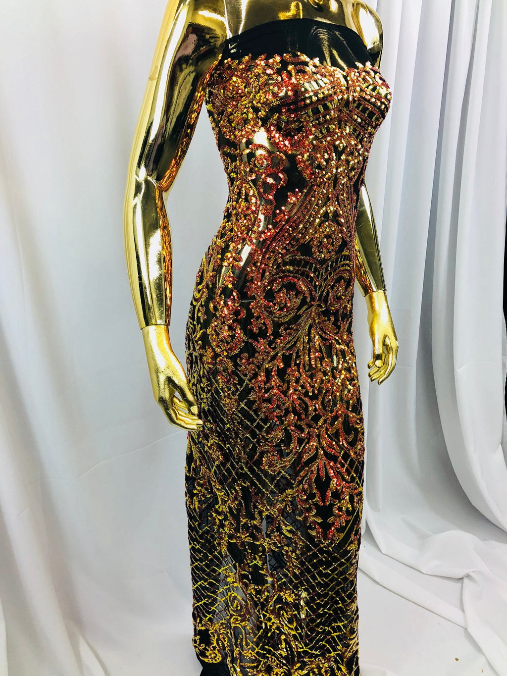 4 Way Stretch - Orange Black Mesh - Iridescent Sequins Damask Net Pattern Fabric  - Sold By The Yard