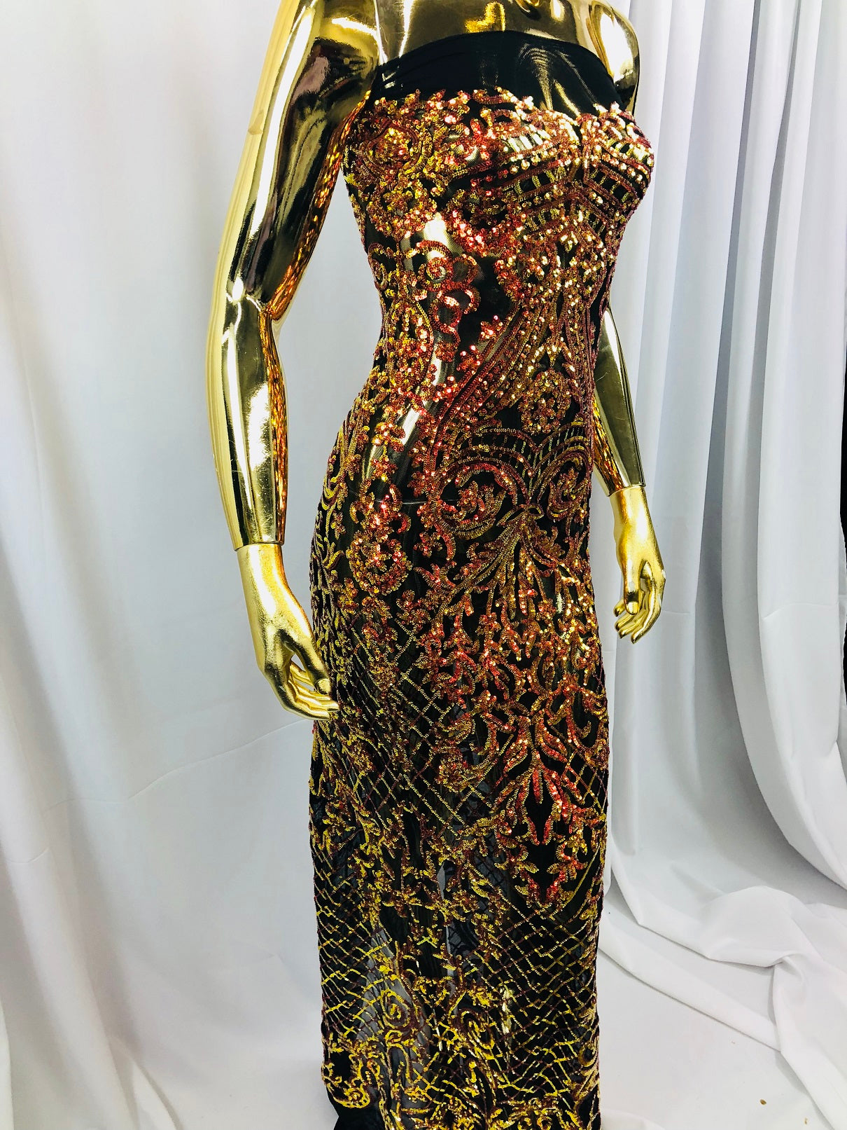 4 Way Stretch - Orange Black Mesh - Iridescent Sequins Damask Net Pattern Fabric  - Sold By The Yard