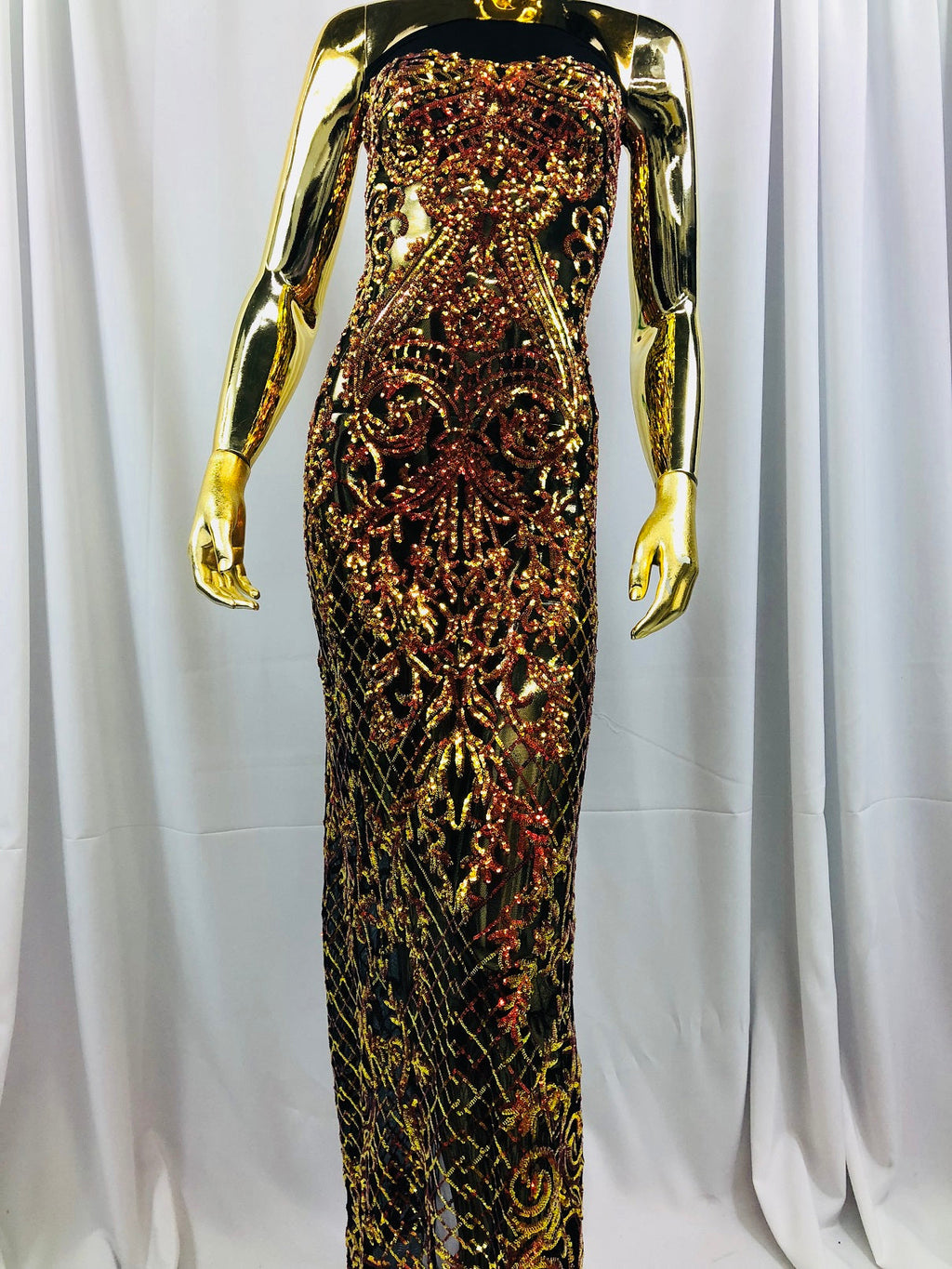 4 Way Stretch - Orange Black Mesh - Iridescent Sequins Damask Net Pattern Fabric  - Sold By The Yard
