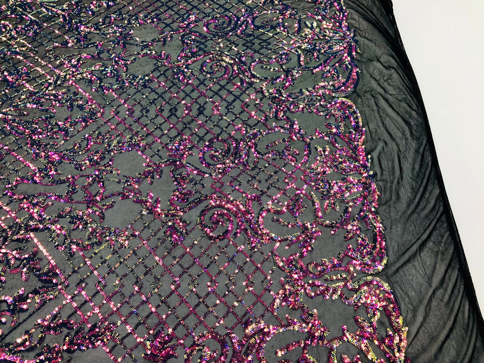 4 Way Stretch - Magenta Black Mesh Iridescent Sequins Damask Net Pattern Fabric - Sold By The Yard
