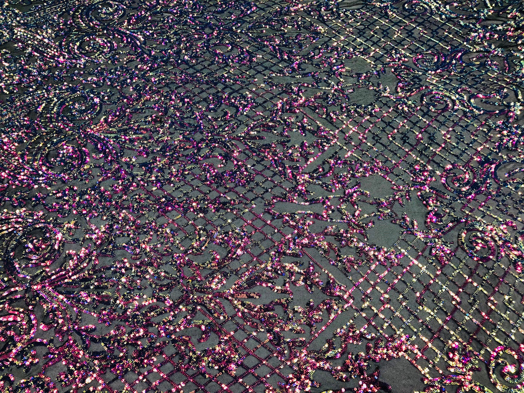 4 Way Stretch - Magenta Black Mesh Iridescent Sequins Damask Net Pattern Fabric - Sold By The Yard