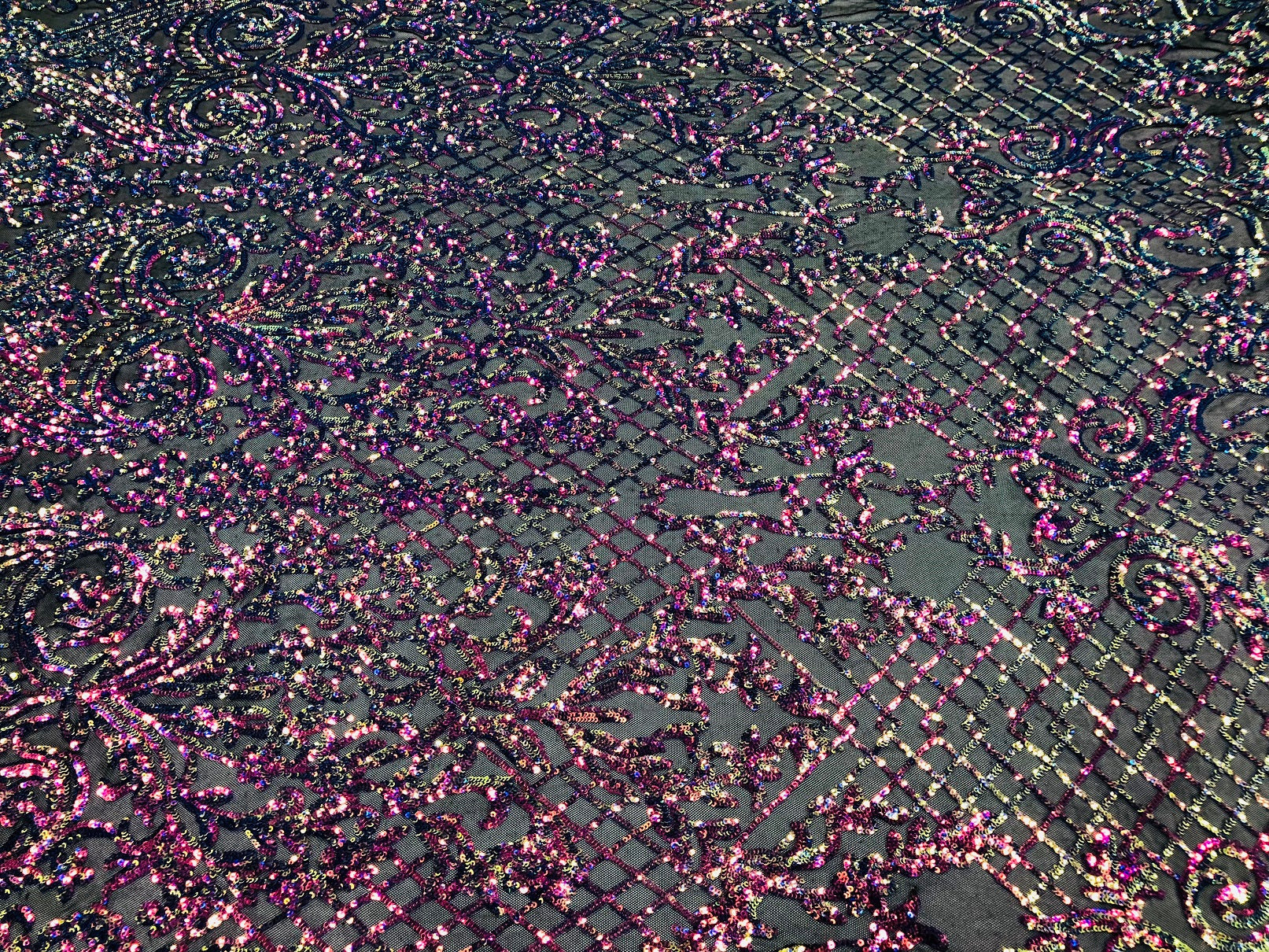 4 Way Stretch - Magenta Black Mesh Iridescent Sequins Damask Net Pattern Fabric - Sold By The Yard