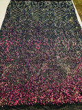 4 Way Stretch - Magenta Black Mesh Iridescent Sequins Damask Net Pattern Fabric - Sold By The Yard