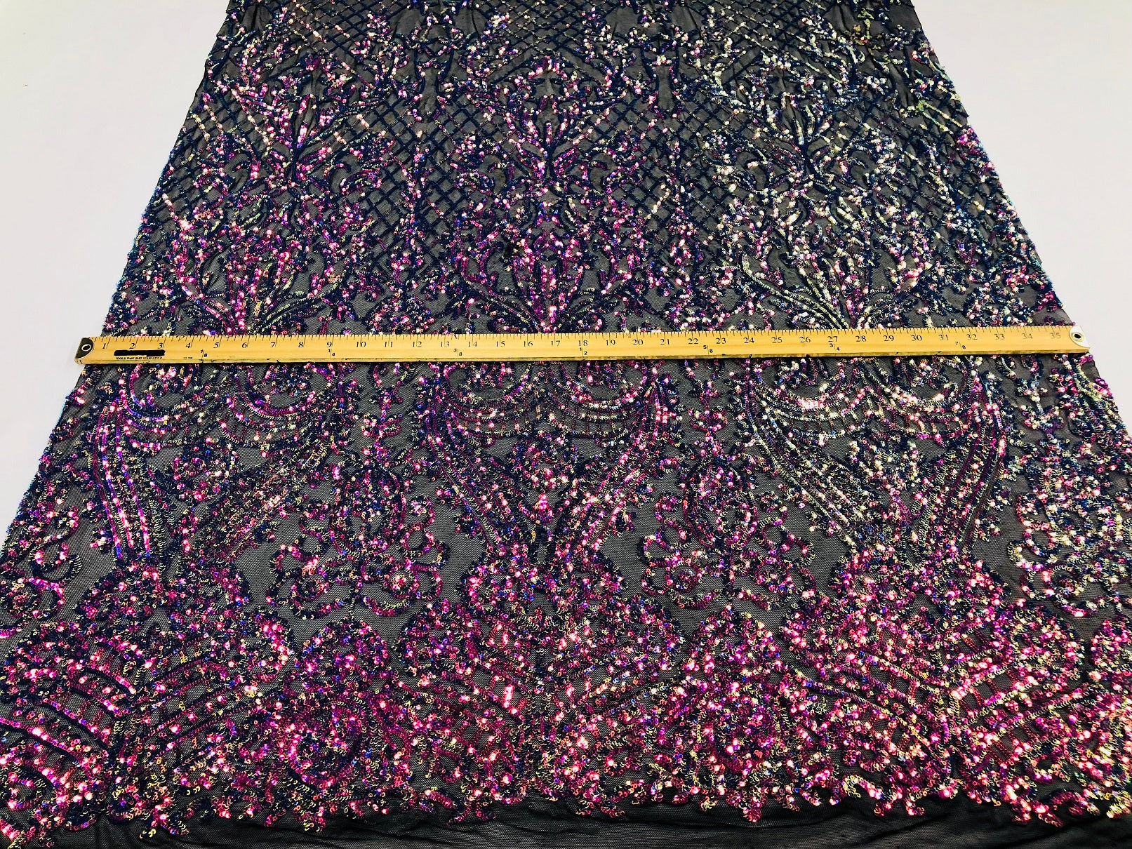 4 Way Stretch - Magenta Black Mesh Iridescent Sequins Damask Net Pattern Fabric - Sold By The Yard