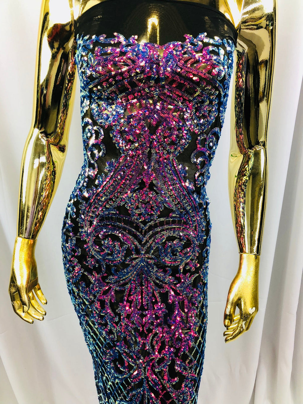 4 Way Stretch - Magenta Black Mesh Iridescent Sequins Damask Net Pattern Fabric - Sold By The Yard