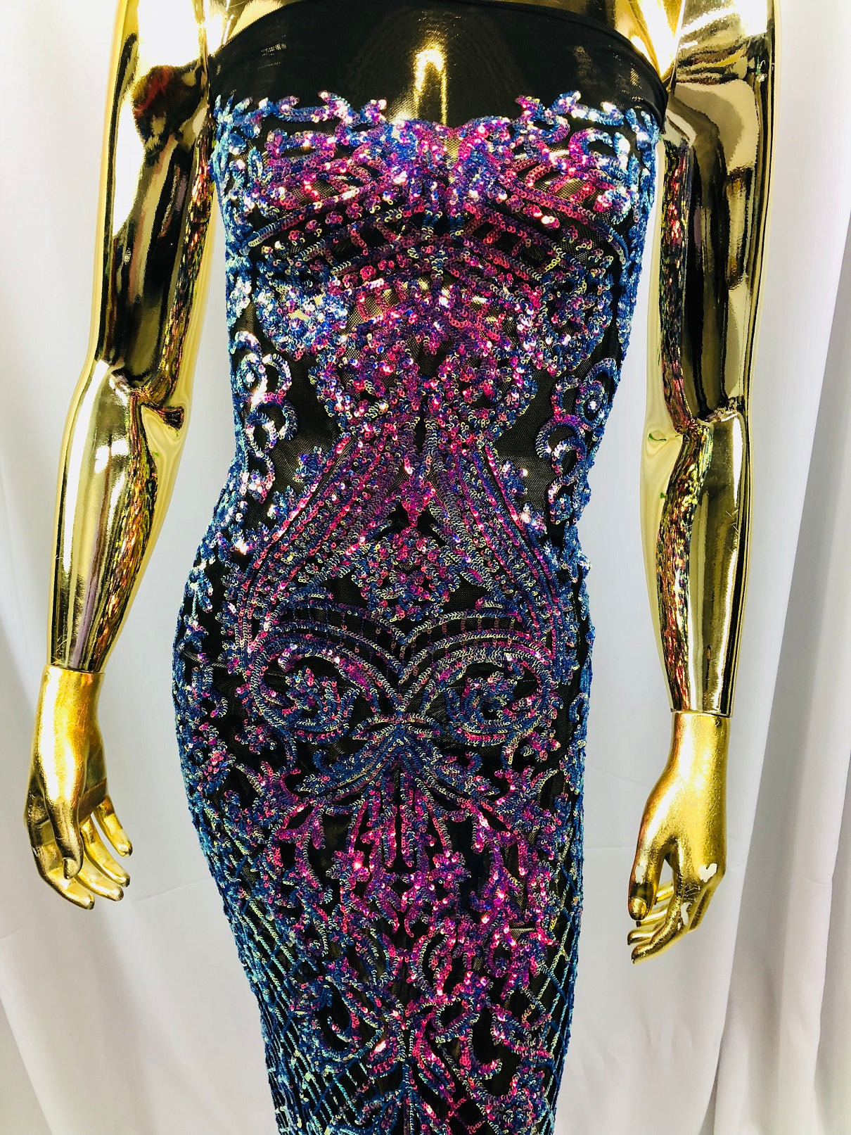 4 Way Stretch - Magenta Black Mesh Iridescent Sequins Damask Net Pattern Fabric - Sold By The Yard