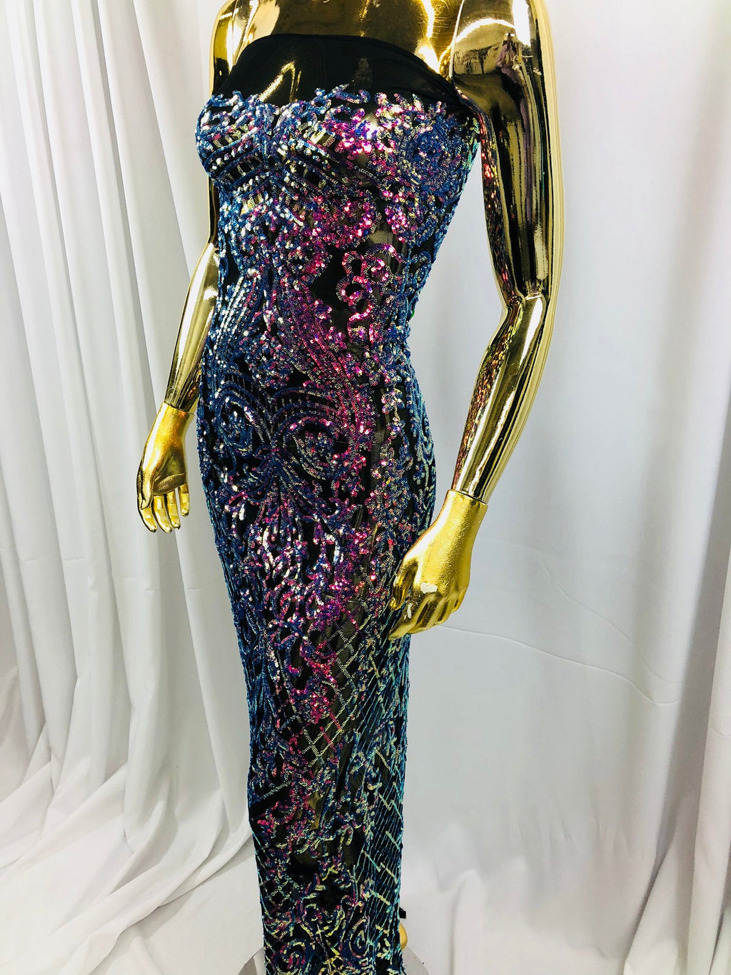 4 Way Stretch - Magenta Black Mesh Iridescent Sequins Damask Net Pattern Fabric - Sold By The Yard