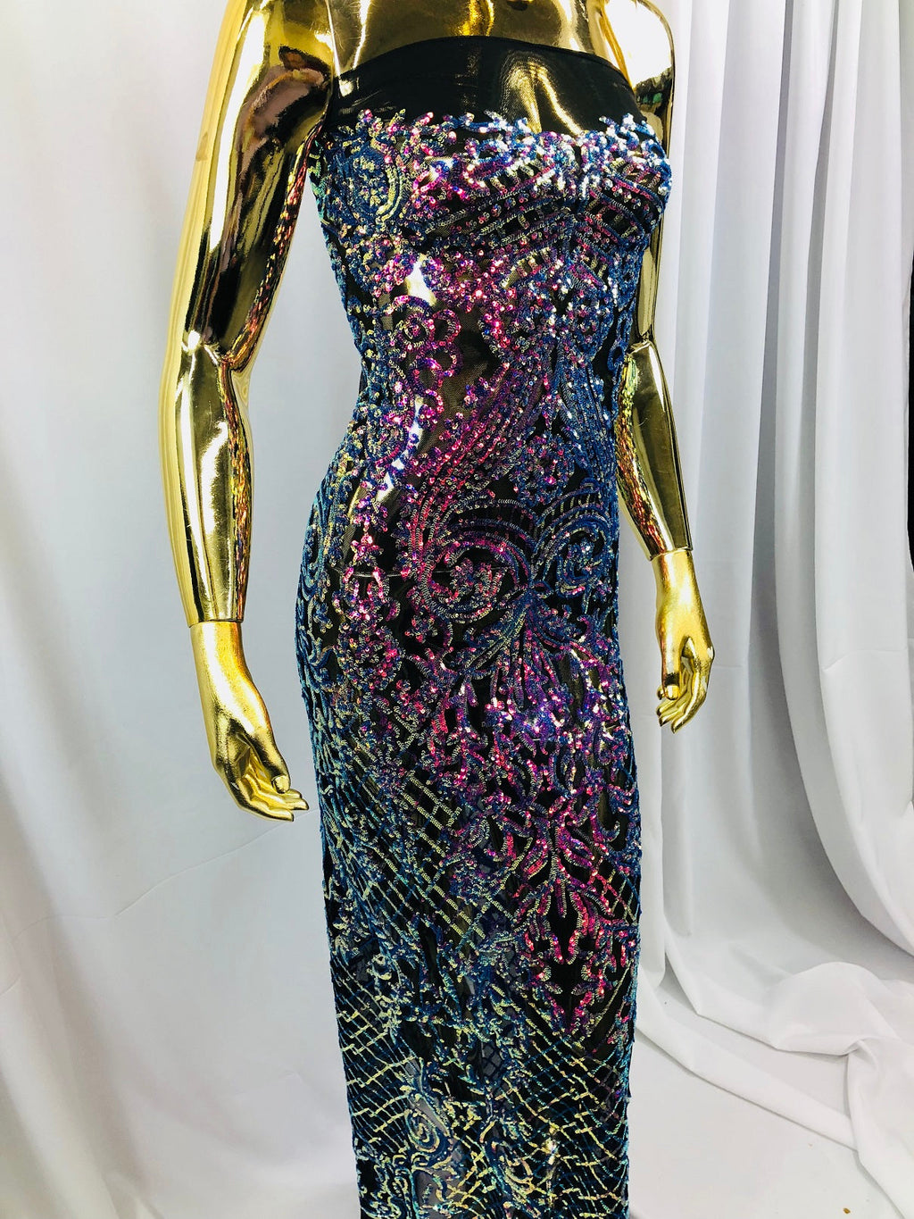 4 Way Stretch - Magenta Black Mesh Iridescent Sequins Damask Net Pattern Fabric - Sold By The Yard