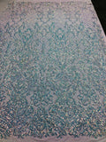 4 Way Stretch - Baby Blue - Iridescent Sequins Damask Net Pattern Fabric  - Sold By The Yard