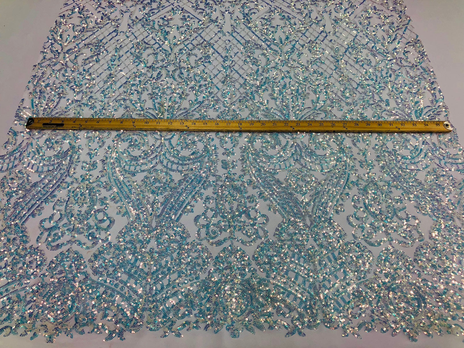 4 Way Stretch - Baby Blue - Iridescent Sequins Damask Net Pattern Fabric  - Sold By The Yard