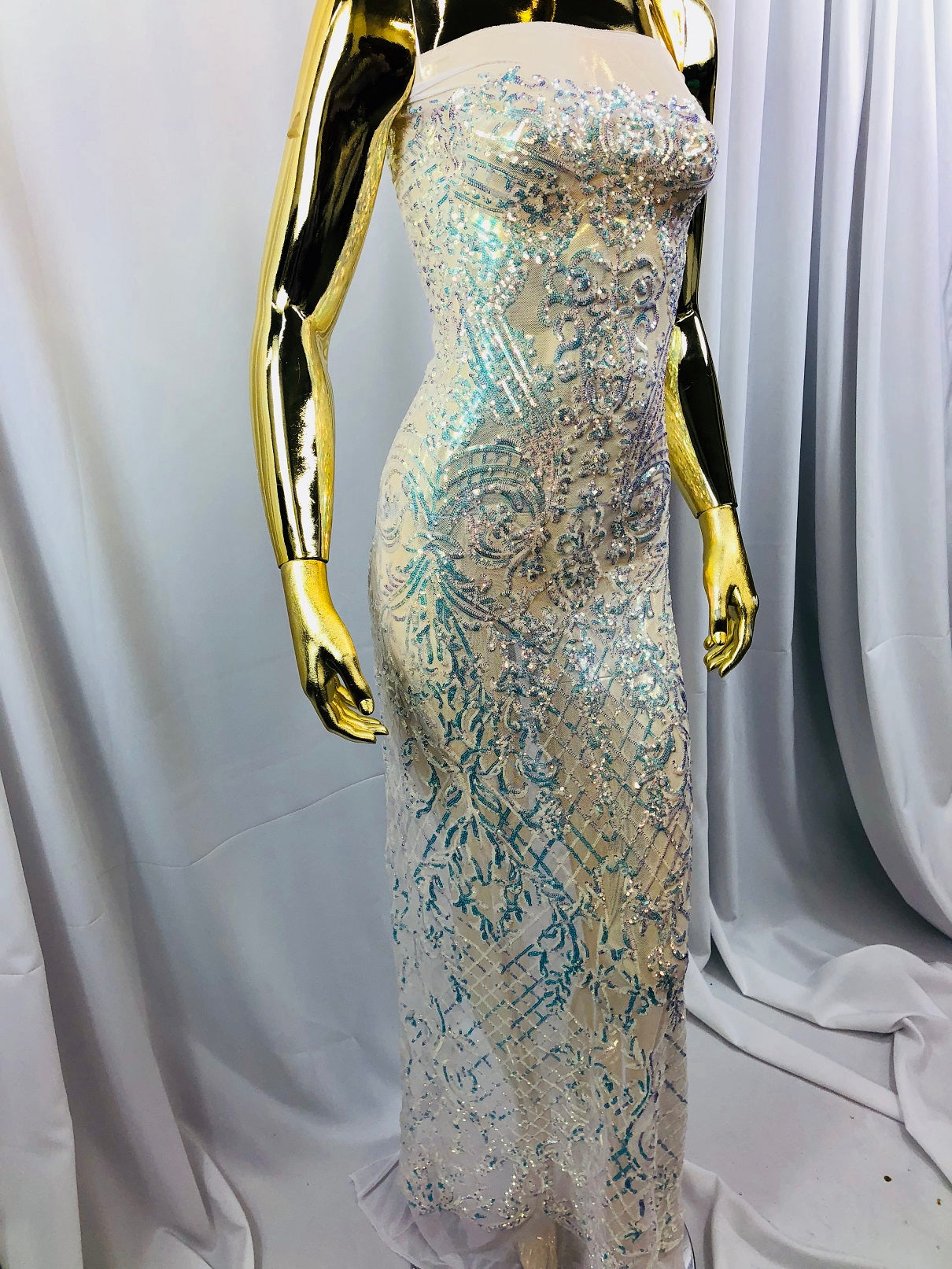 4 Way Stretch - Baby Blue - Iridescent Sequins Damask Net Pattern Fabric  - Sold By The Yard