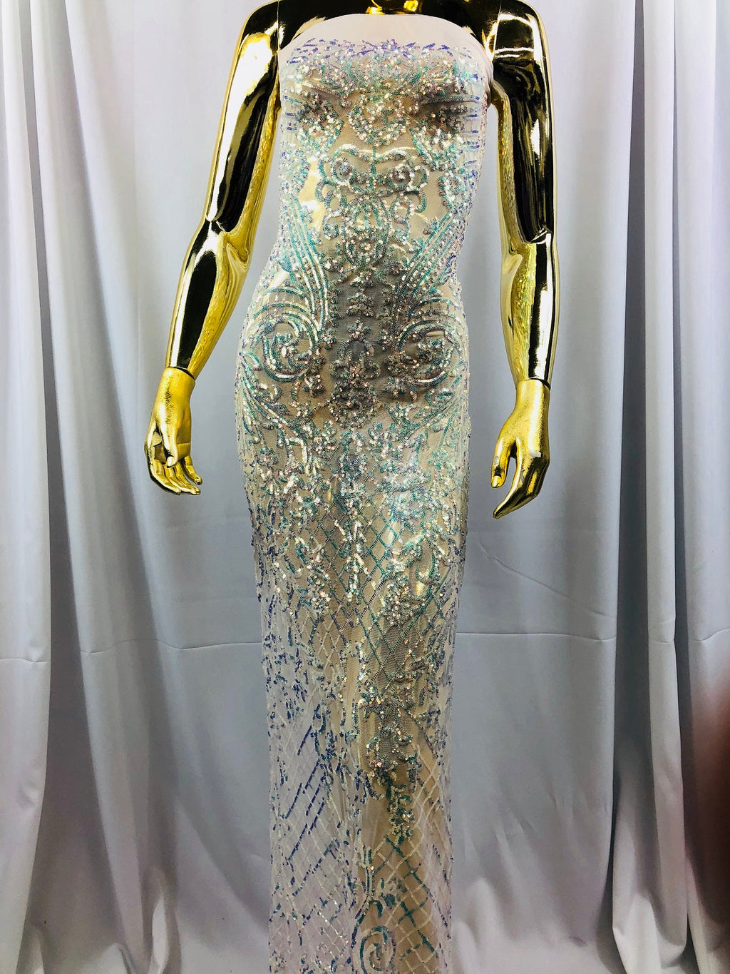 4 Way Stretch - Baby Blue - Iridescent Sequins Damask Net Pattern Fabric  - Sold By The Yard