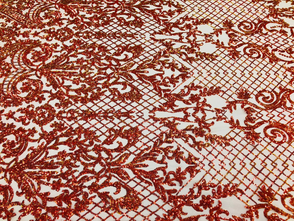 4 Way Stretch - Nude Orange - Iridescent Sequins Damask Net Pattern Fabric  - Sold By The Yard