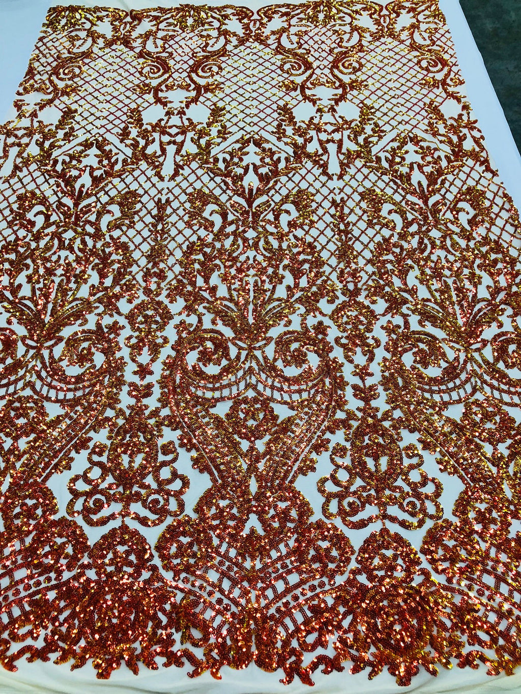 4 Way Stretch - Nude Orange - Iridescent Sequins Damask Net Pattern Fabric  - Sold By The Yard