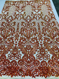 4 Way Stretch - Nude Orange - Iridescent Sequins Damask Net Pattern Fabric  - Sold By The Yard