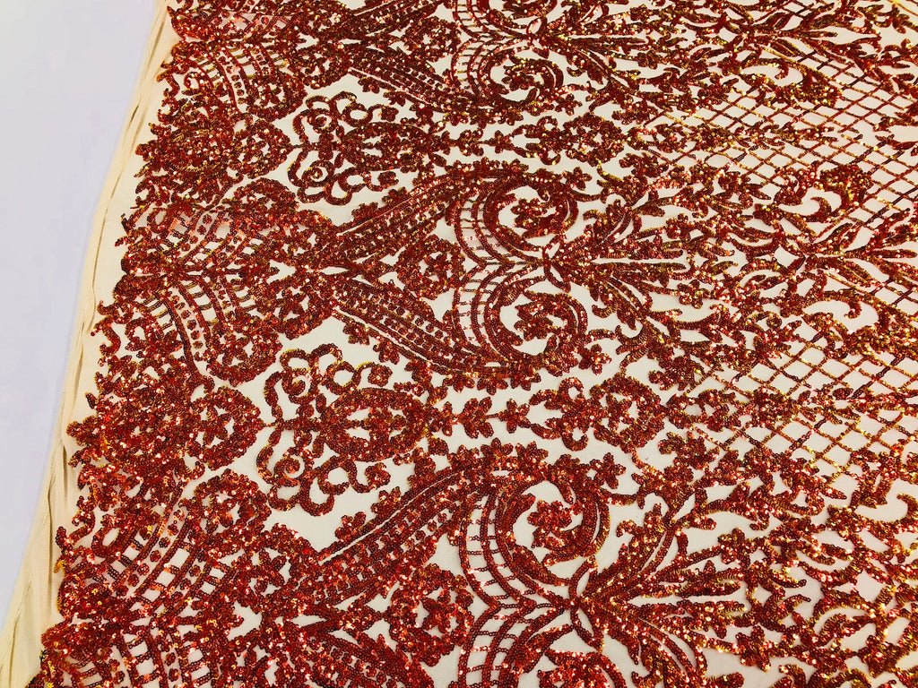 4 Way Stretch - Nude Orange - Iridescent Sequins Damask Net Pattern Fabric  - Sold By The Yard