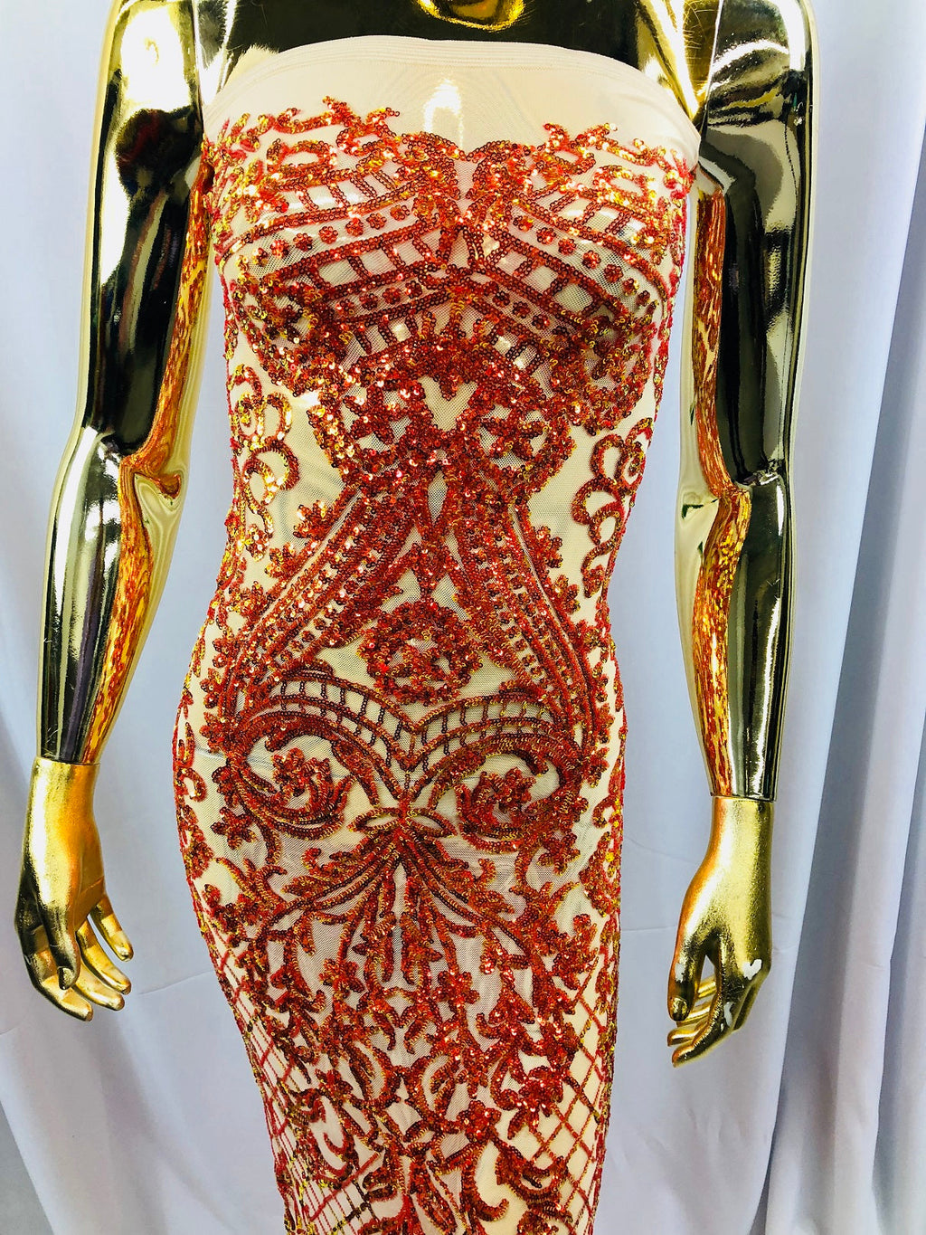 4 Way Stretch - Nude Orange - Iridescent Sequins Damask Net Pattern Fabric  - Sold By The Yard