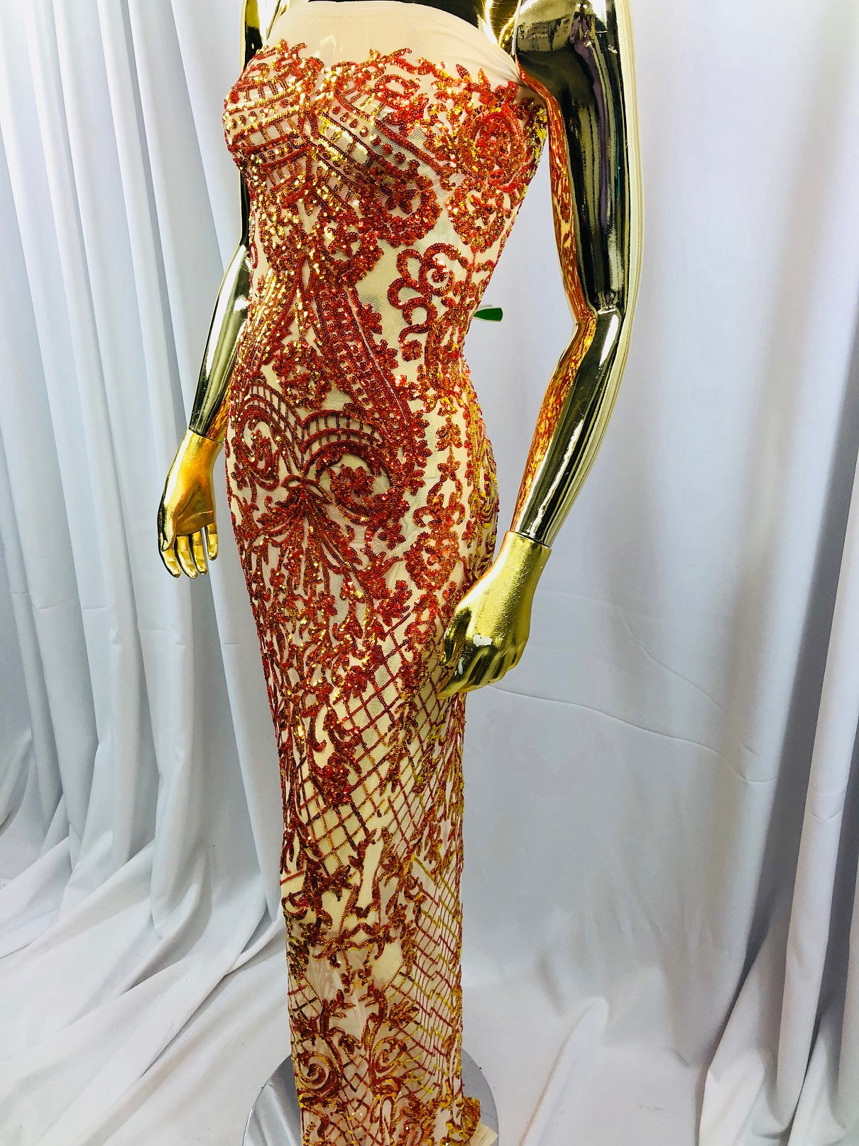 4 Way Stretch - Nude Orange - Iridescent Sequins Damask Net Pattern Fabric  - Sold By The Yard