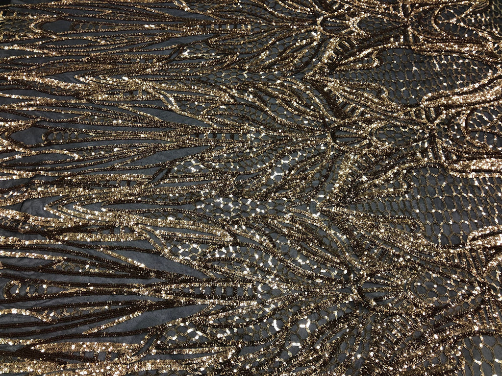 Geometric Line Sequins 4 Way Stretch Fabric - Gold on Black -  Quality Design Fabric By The Yard