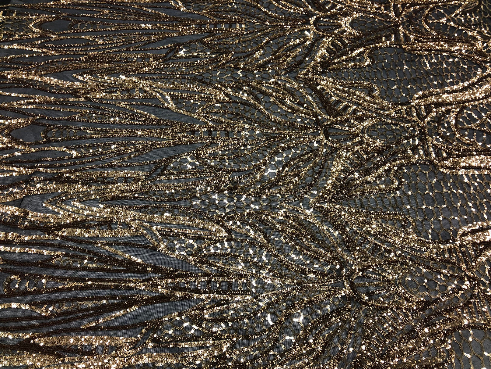 Geometric Line Sequins 4 Way Stretch Fabric - Gold on Black -  Quality Design Fabric By The Yard