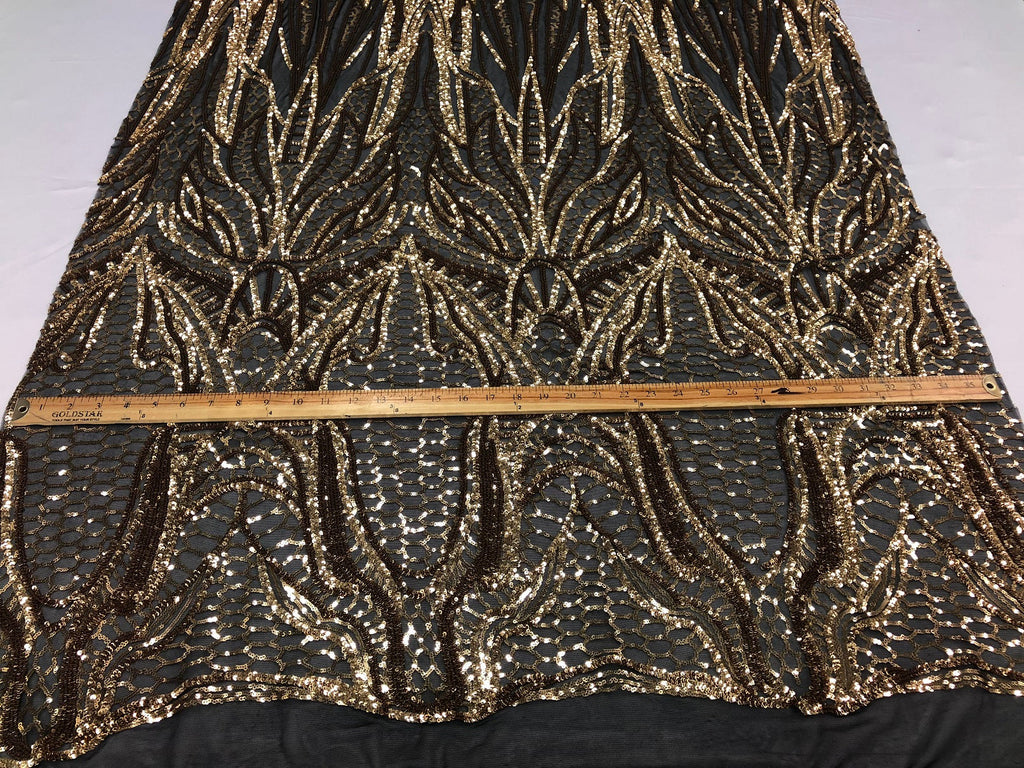Geometric Line Sequins 4 Way Stretch Fabric - Gold on Black -  Quality Design Fabric By The Yard