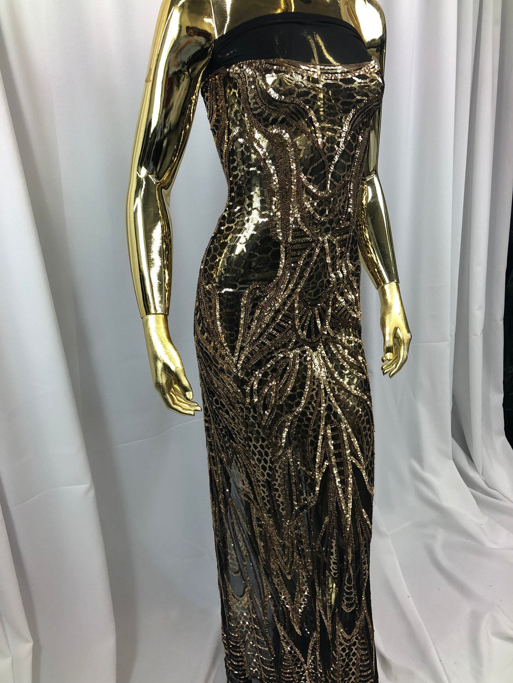Geometric Line Sequins 4 Way Stretch Fabric - Gold on Black -  Quality Design Fabric By The Yard