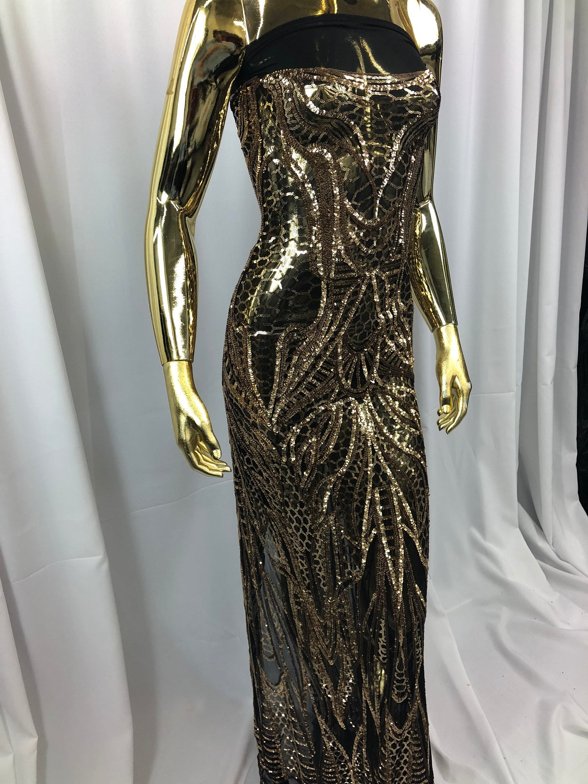 Geometric Line Sequins 4 Way Stretch Fabric - Gold on Black -  Quality Design Fabric By The Yard