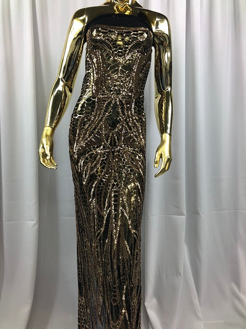 Geometric Line Sequins 4 Way Stretch Fabric - Gold on Black -  Quality Design Fabric By The Yard