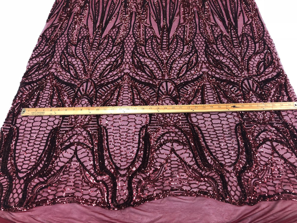Geometric Line Sequins 4 Way Stretch Fabric - Burgundy - Quality Design Fabric By The Yard