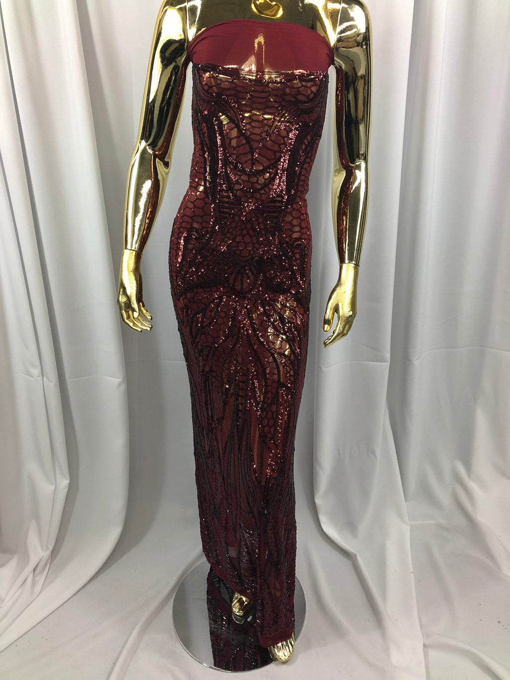 Geometric Line Sequins 4 Way Stretch Fabric - Burgundy - Quality Design Fabric By The Yard
