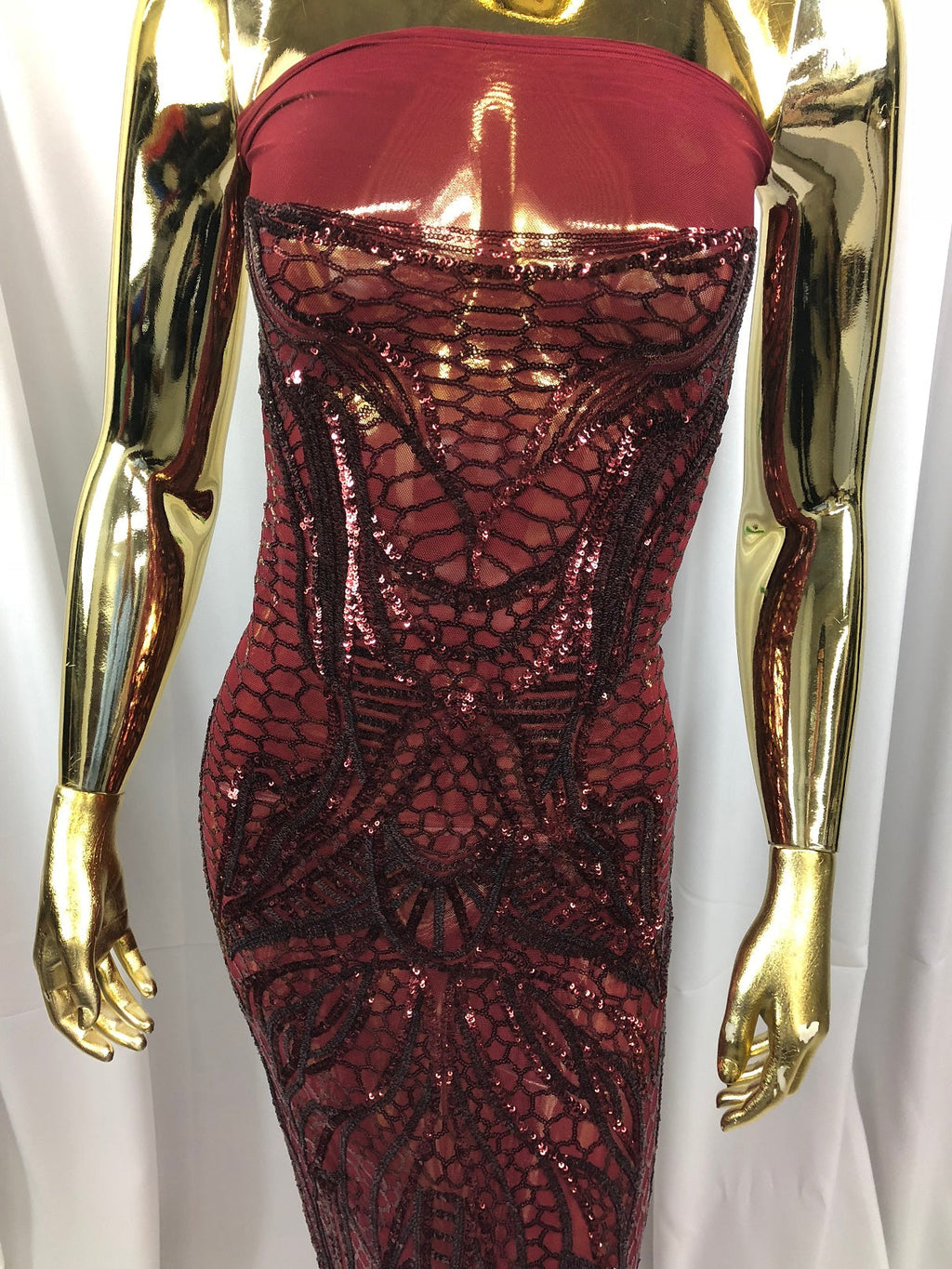 Geometric Line Sequins 4 Way Stretch Fabric - Burgundy - Quality Design Fabric By The Yard