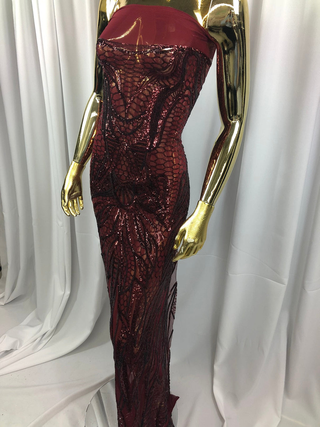 Geometric Line Sequins 4 Way Stretch Fabric - Burgundy - Quality Design Fabric By The Yard