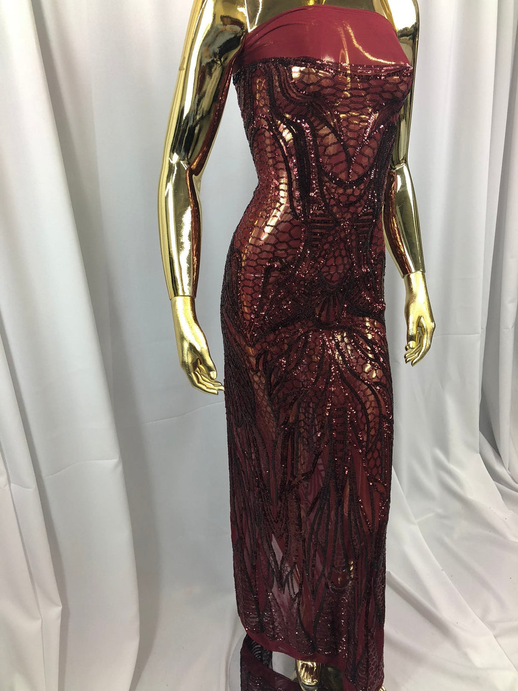 Geometric Line Sequins 4 Way Stretch Fabric - Burgundy - Quality Design Fabric By The Yard