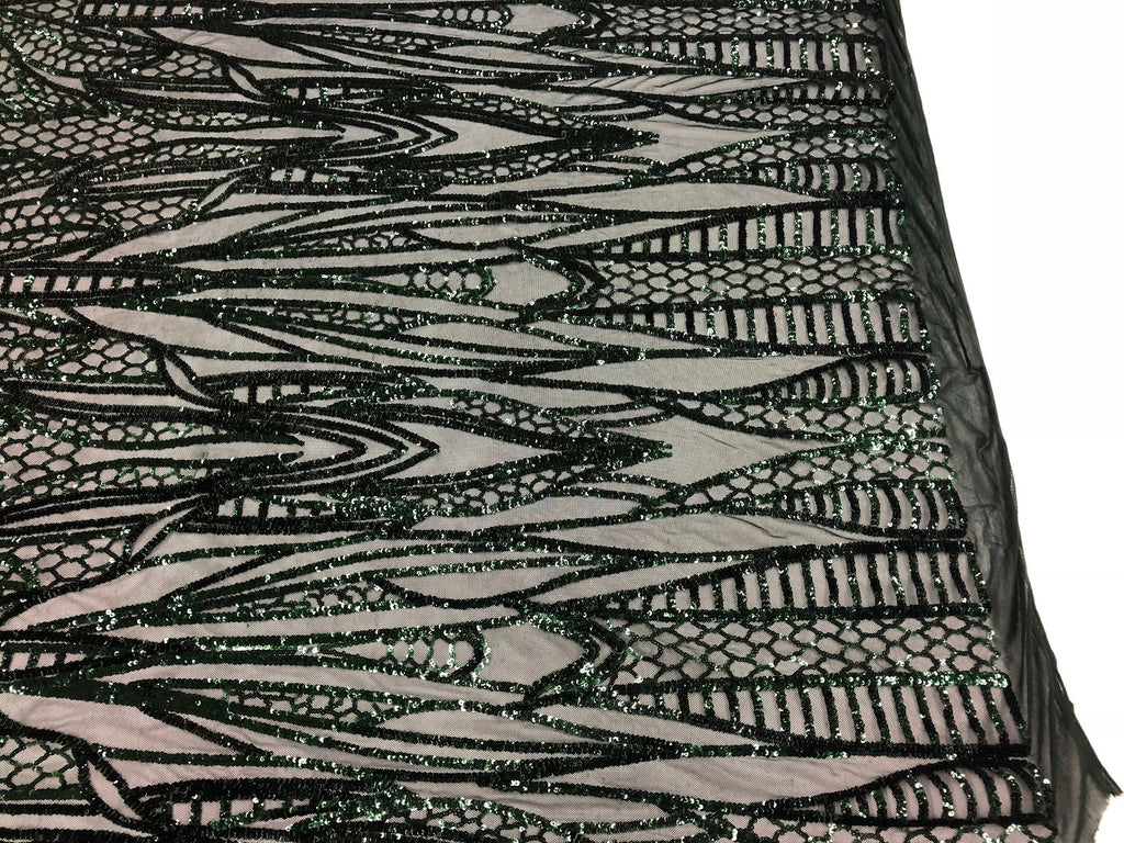 Geometric Line Sequins 4 Way Stretch Fabric - Hunter Green -  Quality Design Fabric By The Yard