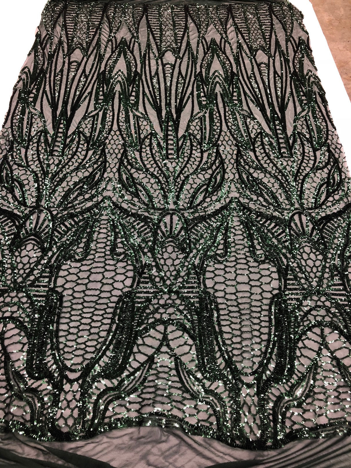 Geometric Line Sequins 4 Way Stretch Fabric - Hunter Green -  Quality Design Fabric By The Yard