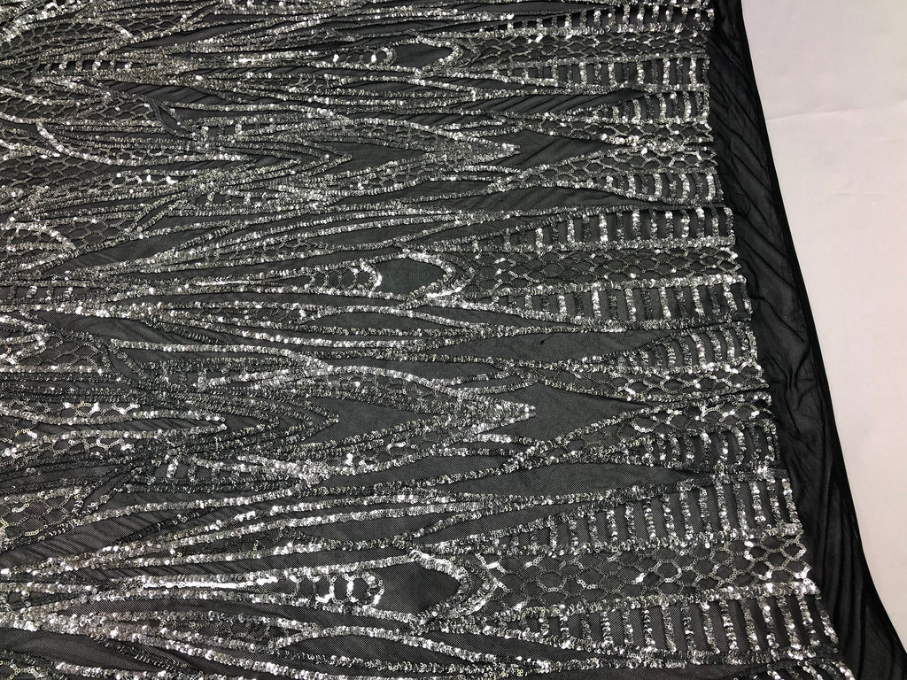Geometric Line Sequins 4 Way Stretch Fabric Silver on Black Mesh Quality Design Fabric By The Yard