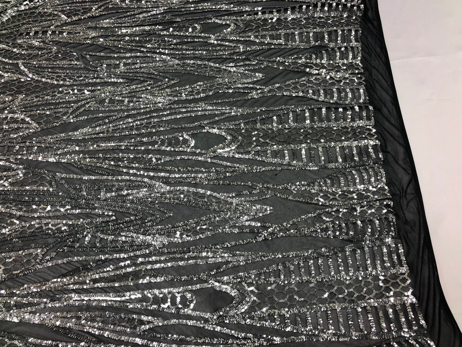 Geometric Line Sequins 4 Way Stretch Fabric Silver on Black Mesh Quality Design Fabric By The Yard