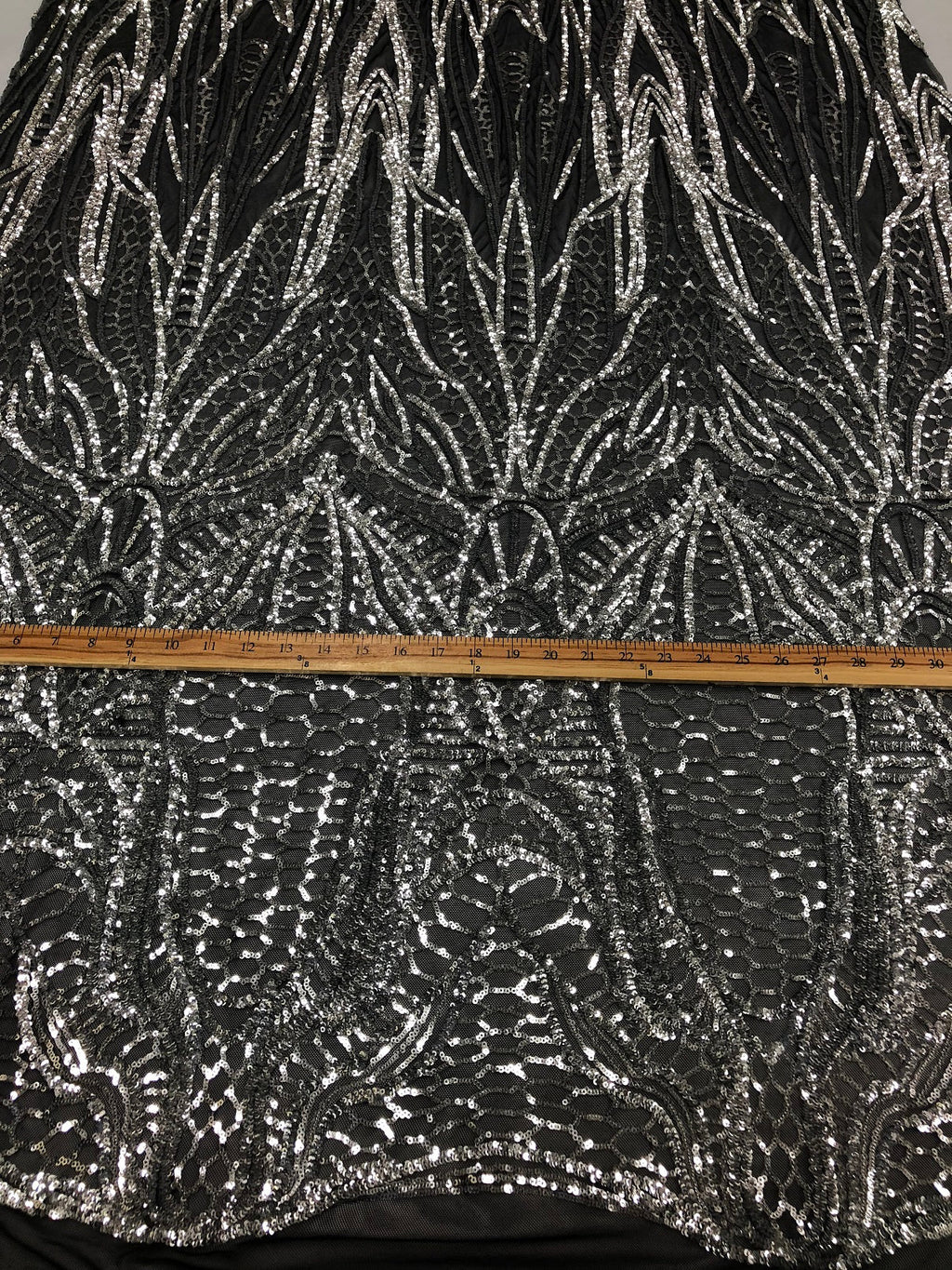 Geometric Line Sequins 4 Way Stretch Fabric Silver on Black Mesh Quality Design Fabric By The Yard