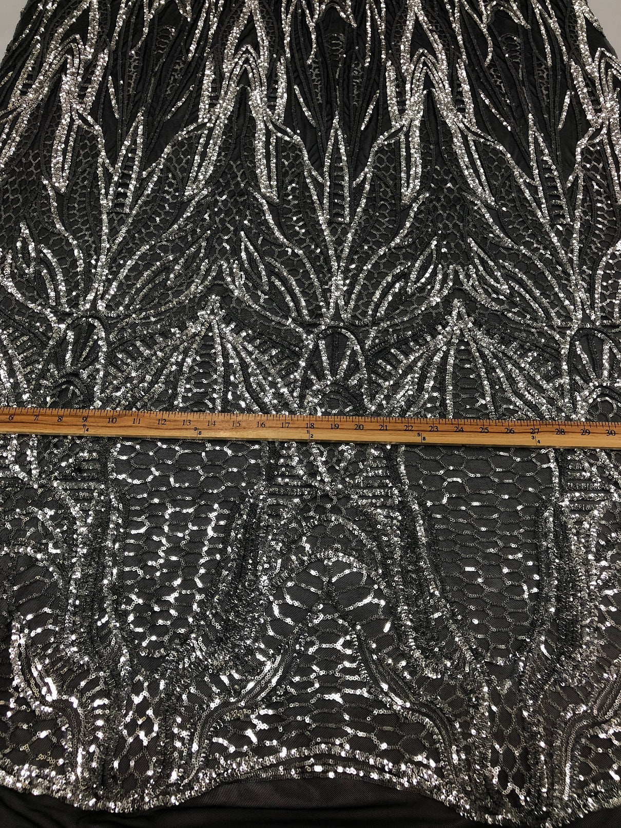 Geometric Line Sequins 4 Way Stretch Fabric Silver on Black Mesh Quality Design Fabric By The Yard