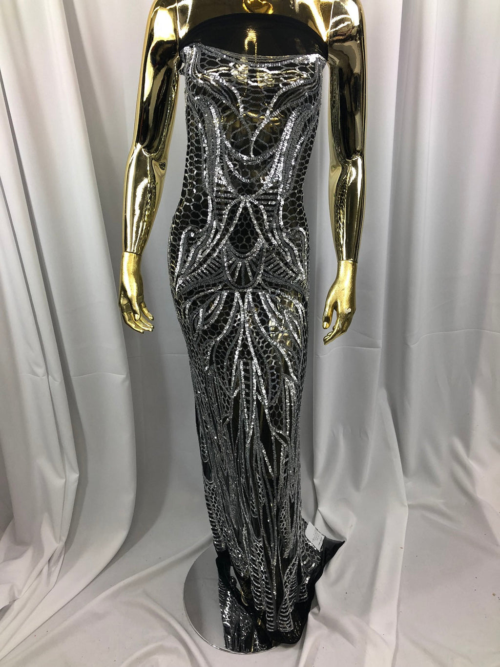 Geometric Line Sequins 4 Way Stretch Fabric Silver on Black Mesh Quality Design Fabric By The Yard