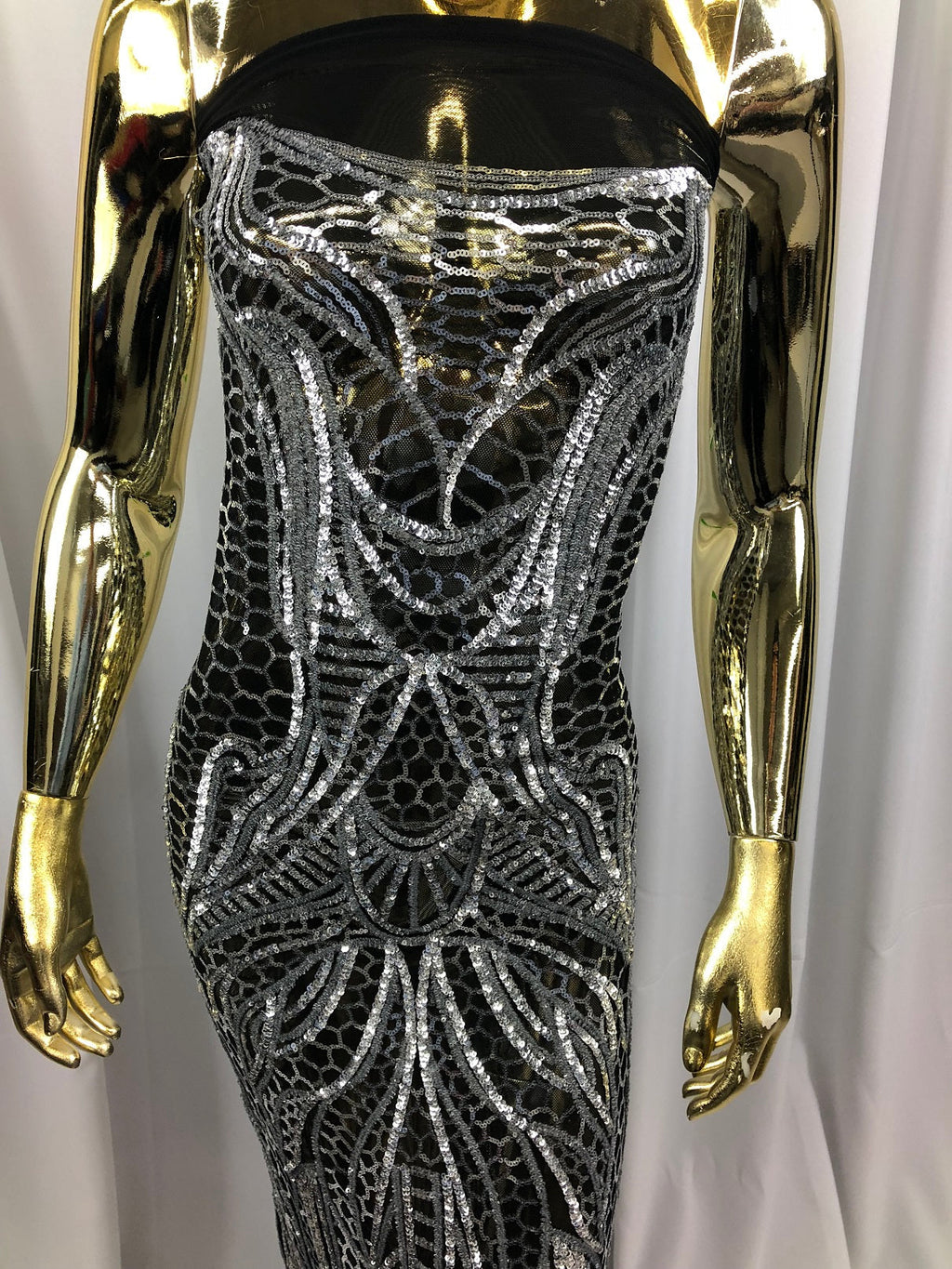 Geometric Line Sequins 4 Way Stretch Fabric Silver on Black Mesh Quality Design Fabric By The Yard