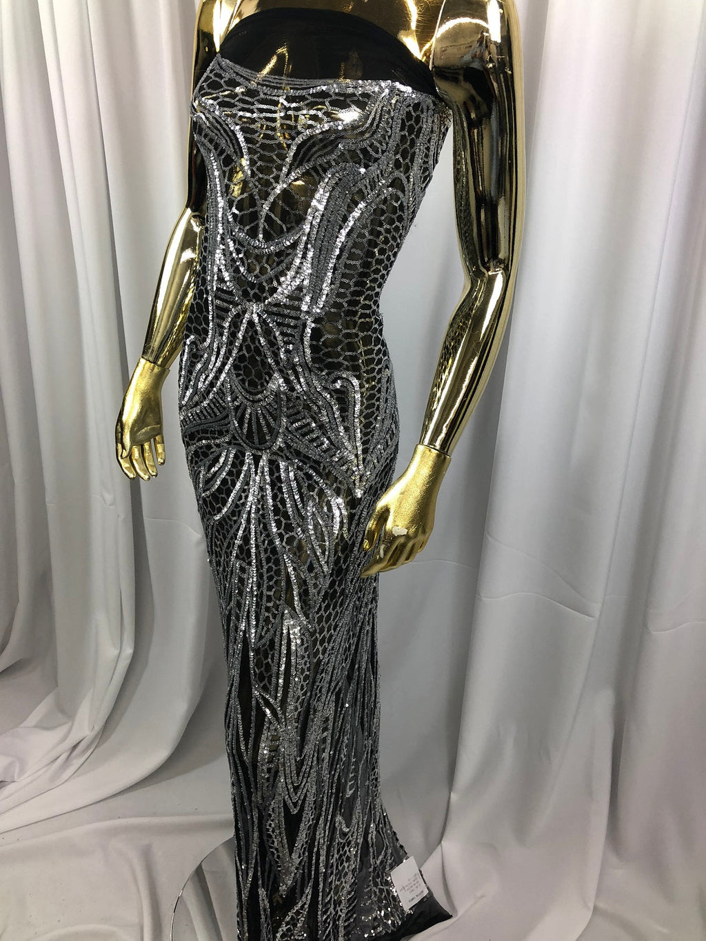 Geometric Line Sequins 4 Way Stretch Fabric Silver on Black Mesh Quality Design Fabric By The Yard