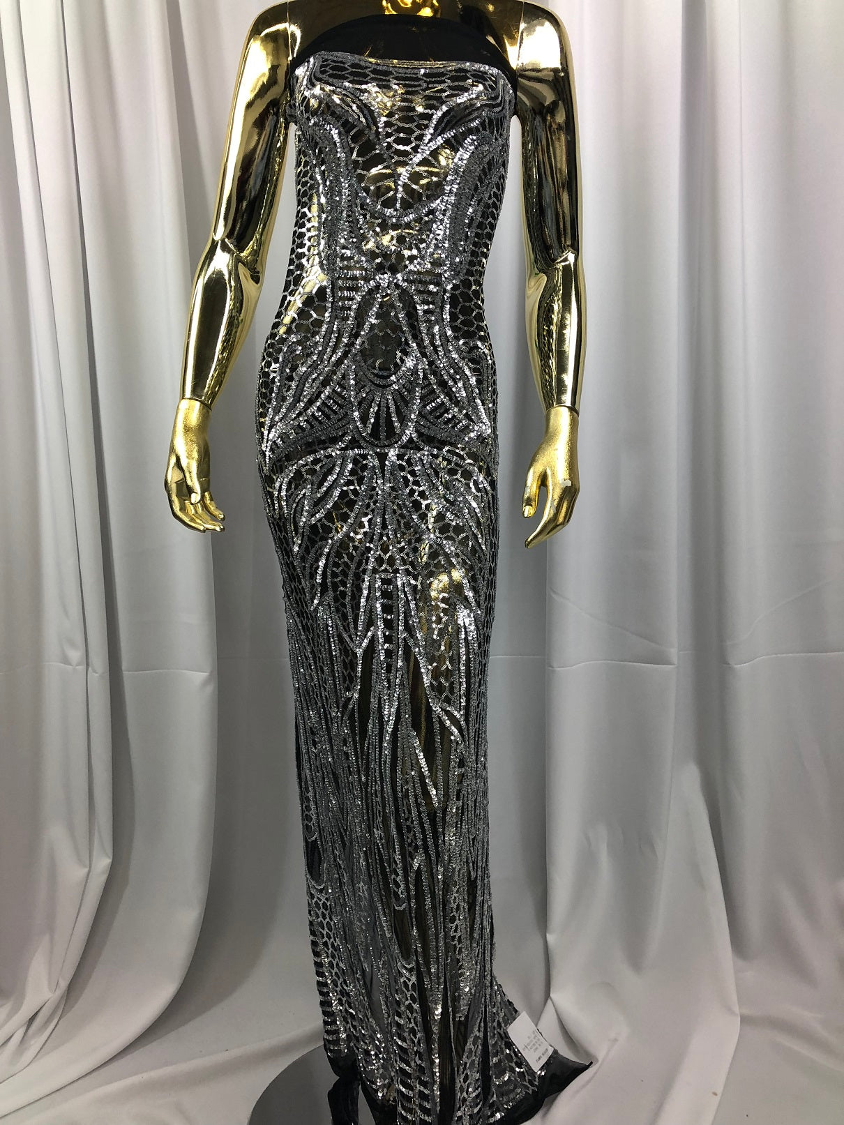 Geometric Line Sequins 4 Way Stretch Fabric Silver on Black Mesh Quality Design Fabric By The Yard
