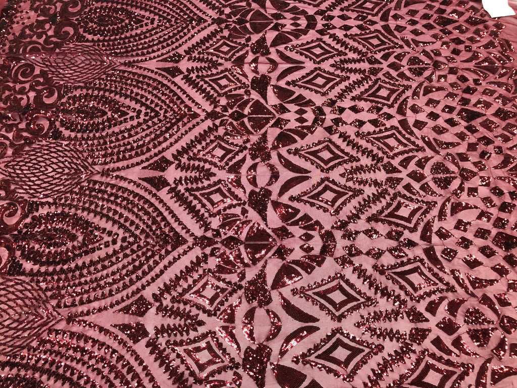 Geometric Patterns 4 Way Stretch Sequins Fabric Burgundy Sequins Fashion Fabric By The Yard
